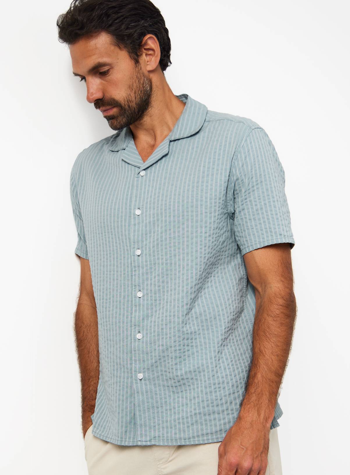 Light Blue Stripe Print Seersucker Revere Neck Shirt XXXL - Image 1